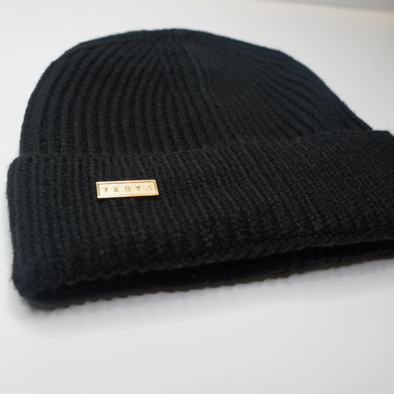 VXNTA Gold Logo Knit Ribbed Beanie